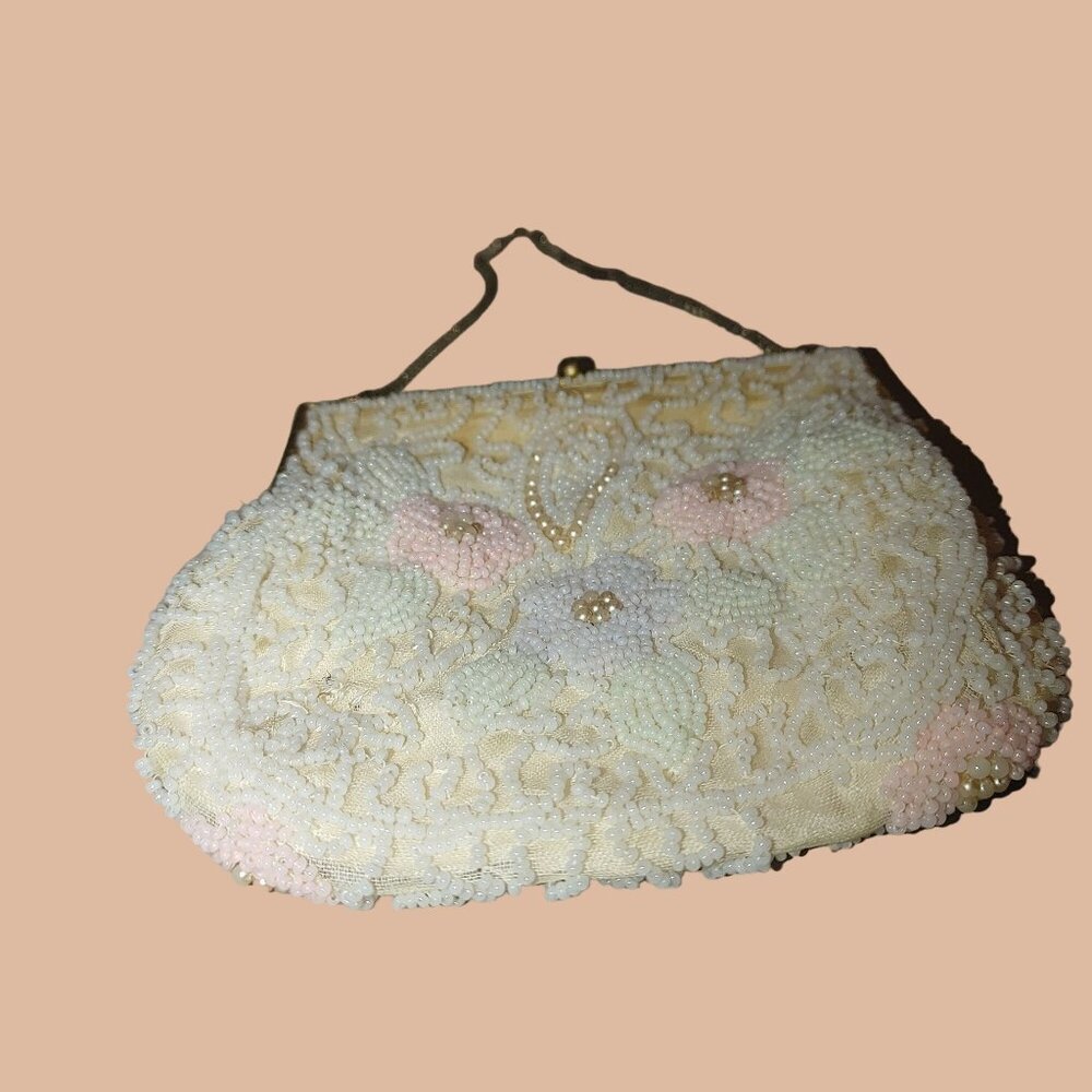 Vintage Handmade Belgium Beaded Floral Flowers Purse